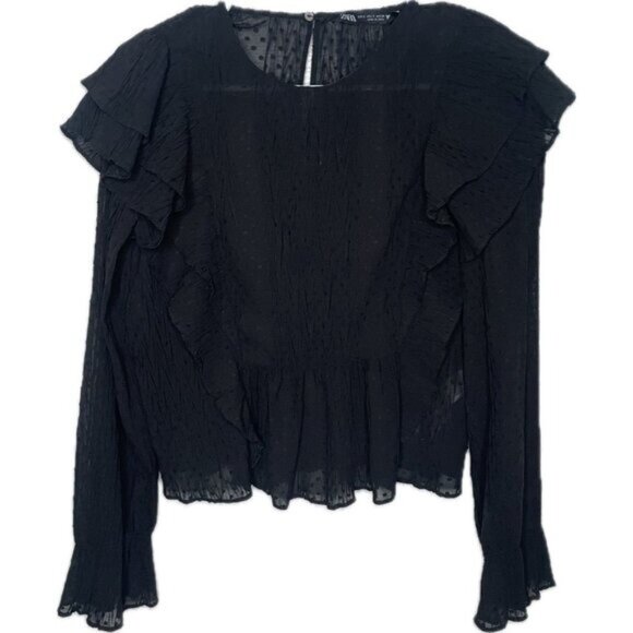 Zara Black Ruffle Peplum Blouse Women’s Small Romantic Long Sleeve - Picture 2 of 9